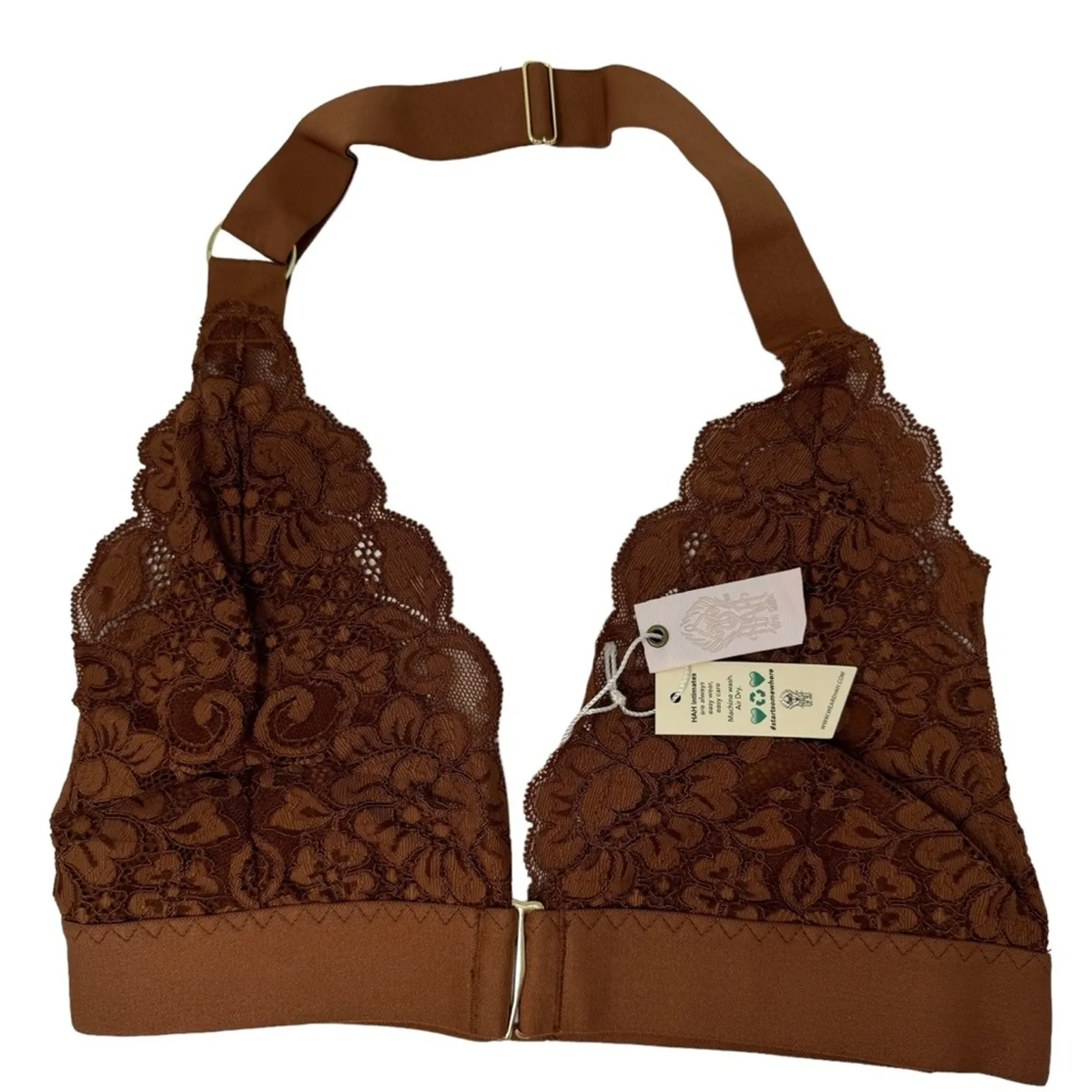 We Are HAH Groupie Triangle Bralette Milk Chocolate Lace Halter Open Back Size S Brown - Image 2