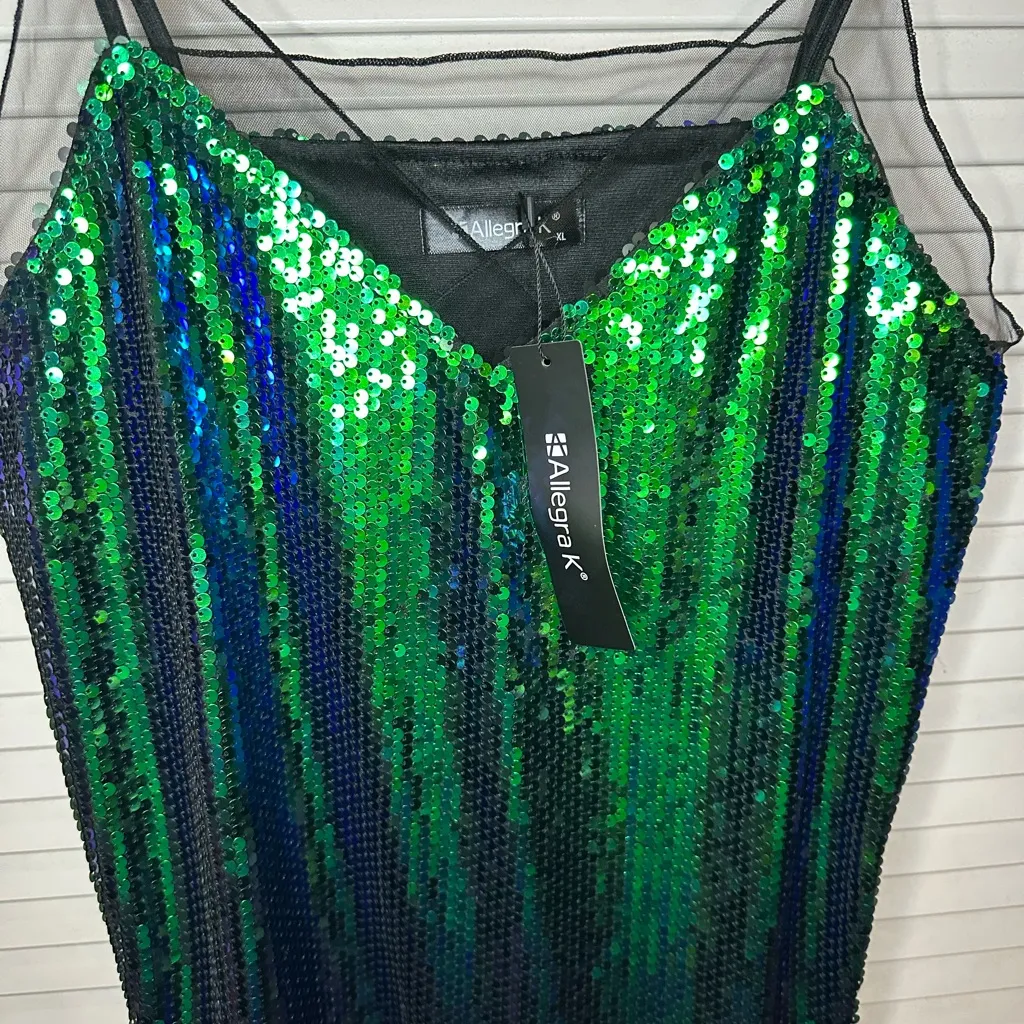 💚🆕Allegra K Iridescent Green and Blue Sequin Lace Trim Tank Top ✨NWT✨ - Image 6