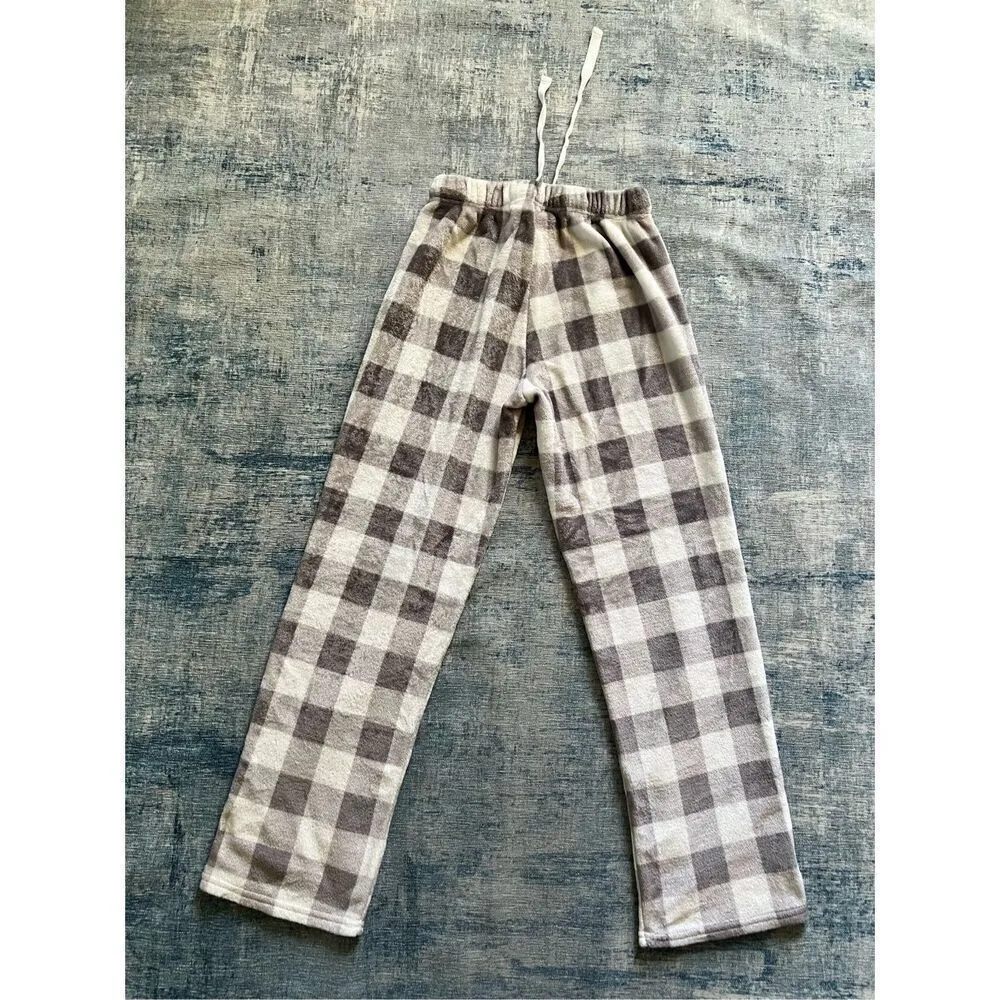 Born Cream Gray Buffalo Plaid Super Soft Plush Lounge Pajama Pants Small Gray - Image 2