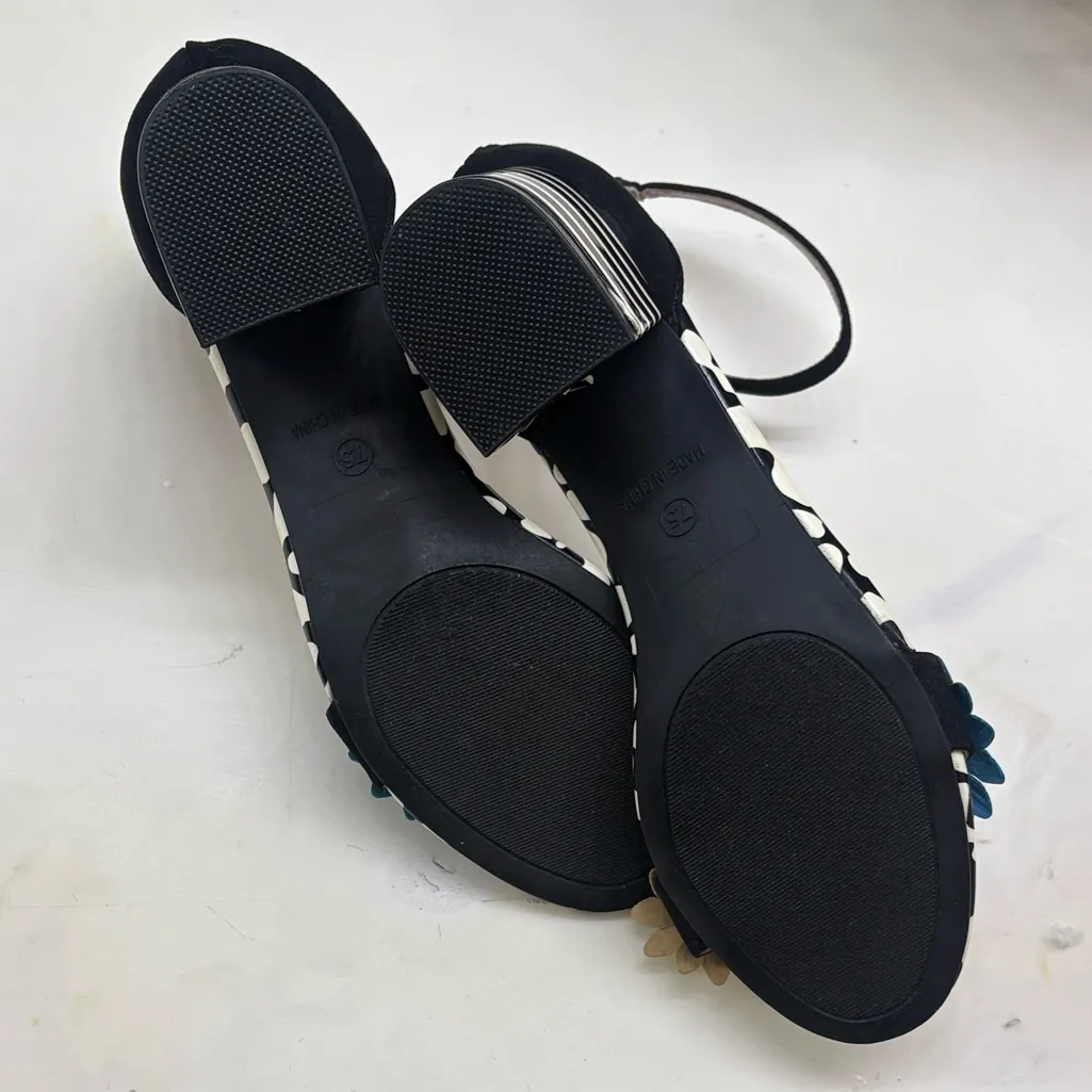 Betsey Johnson INDY Black and White Heels with Colorful Floral Accents - Image 4