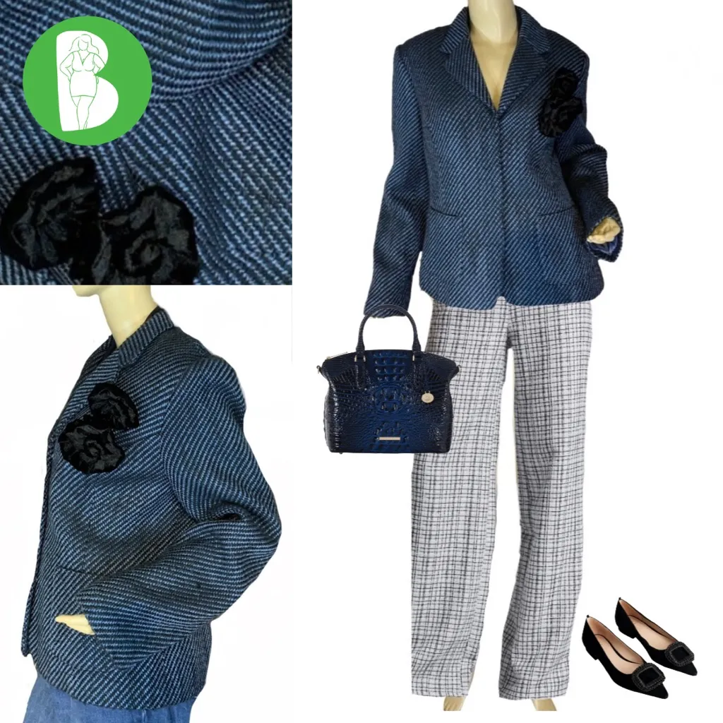 VINTAGE Y2K SAG HARBOR BLUE & BLACK HERRINGBONE BLAZER W/VELOUR FLORAL PINS (14) - Image 2
