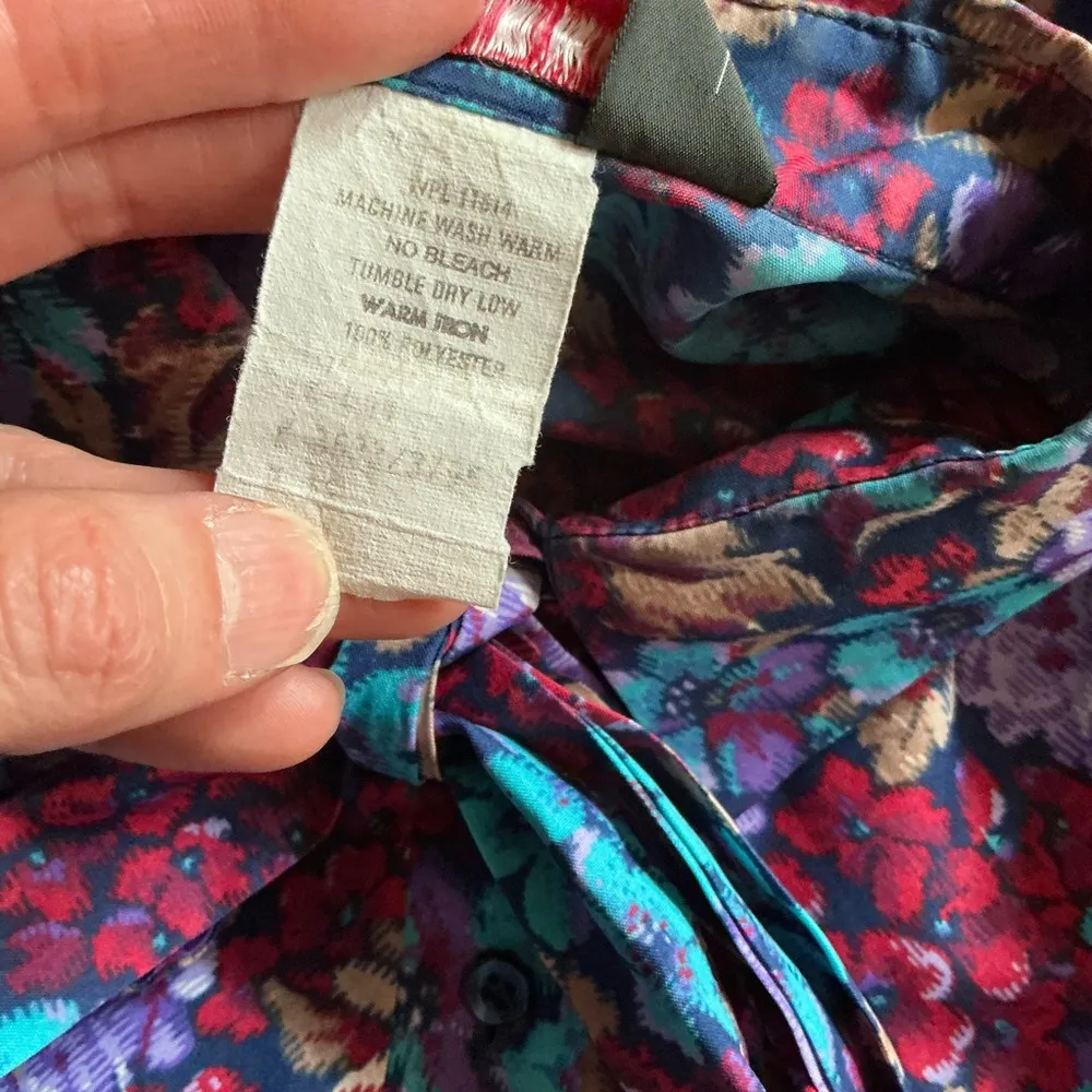 Vtg 70s Bright Floral Blouse Blue Size M - Image 3