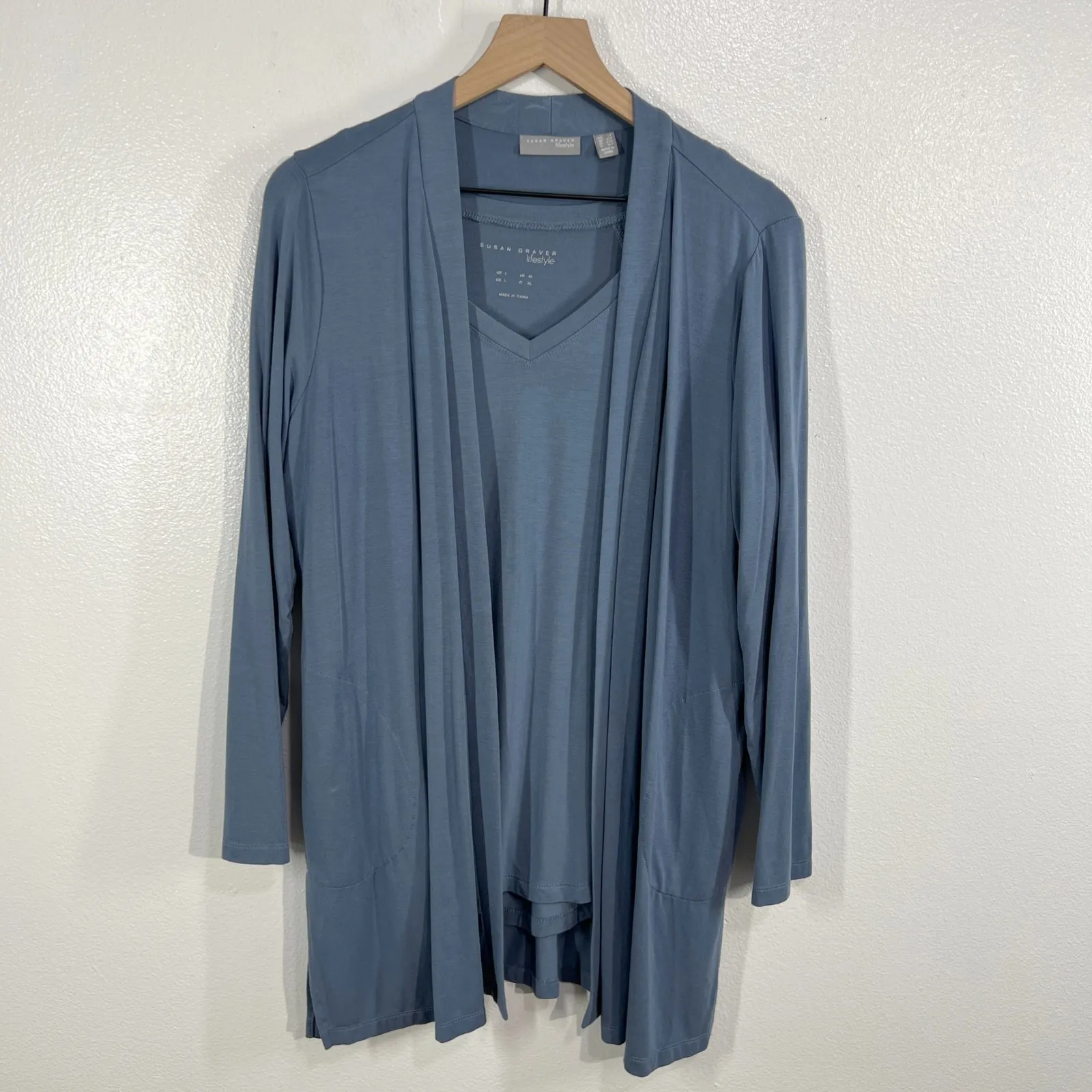 Susan Graver Lifestyle Blue Modal Cardigan‎ & Top Set XLP Open Front Twin Formal Size undefined - Image 2