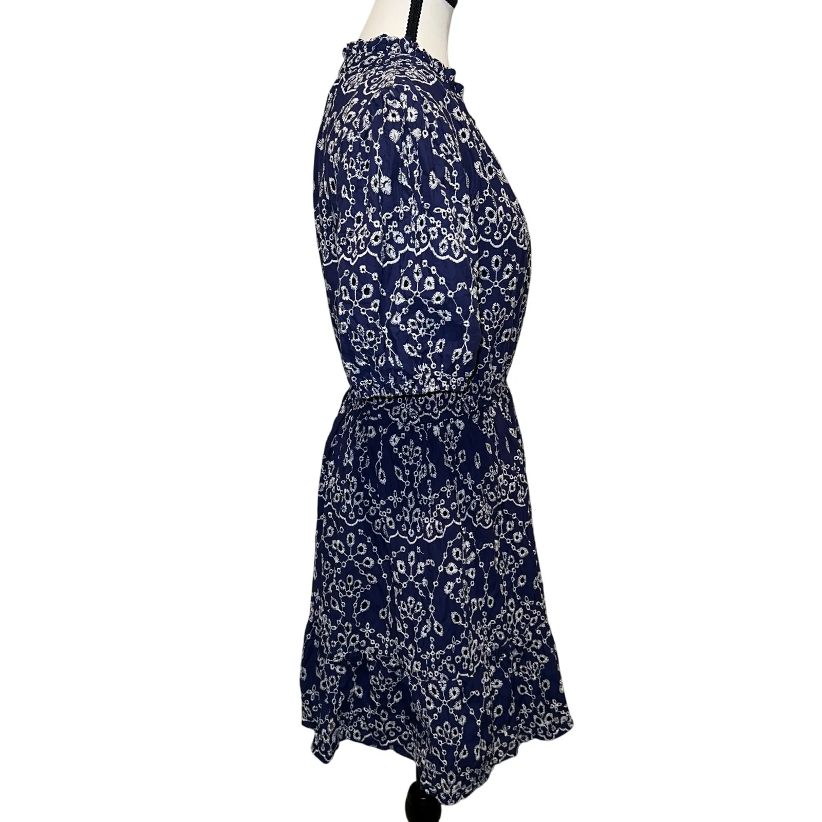 Sugarlips Rosie Eyelet Floral Split V-Neck Mini Dress Navy Blue-White Size M - Image 4
