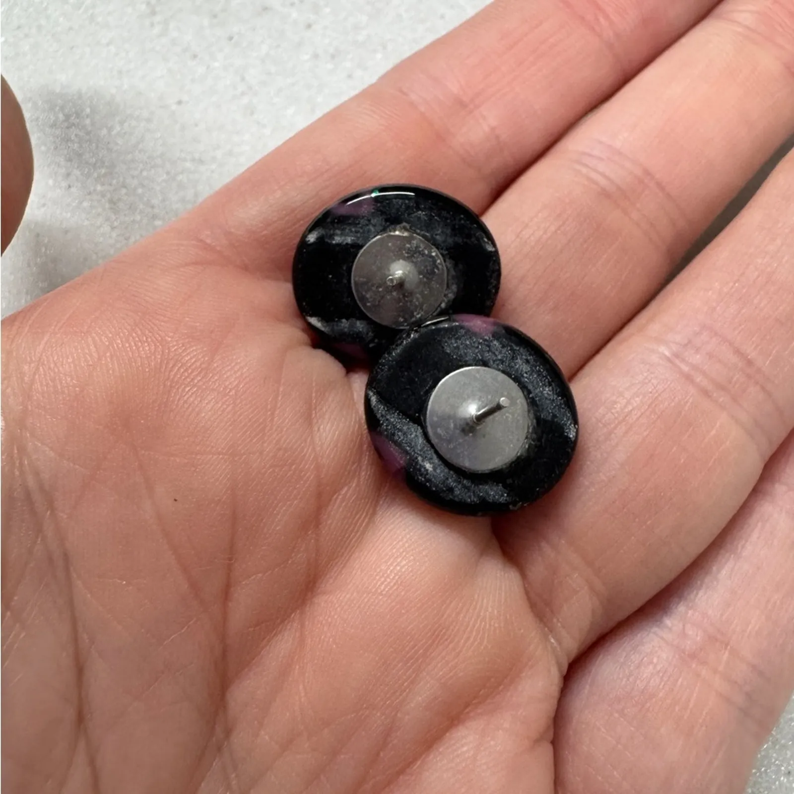 Vintage Dichroic Black Green Blue Pierced Earrings 1980s - Image 4