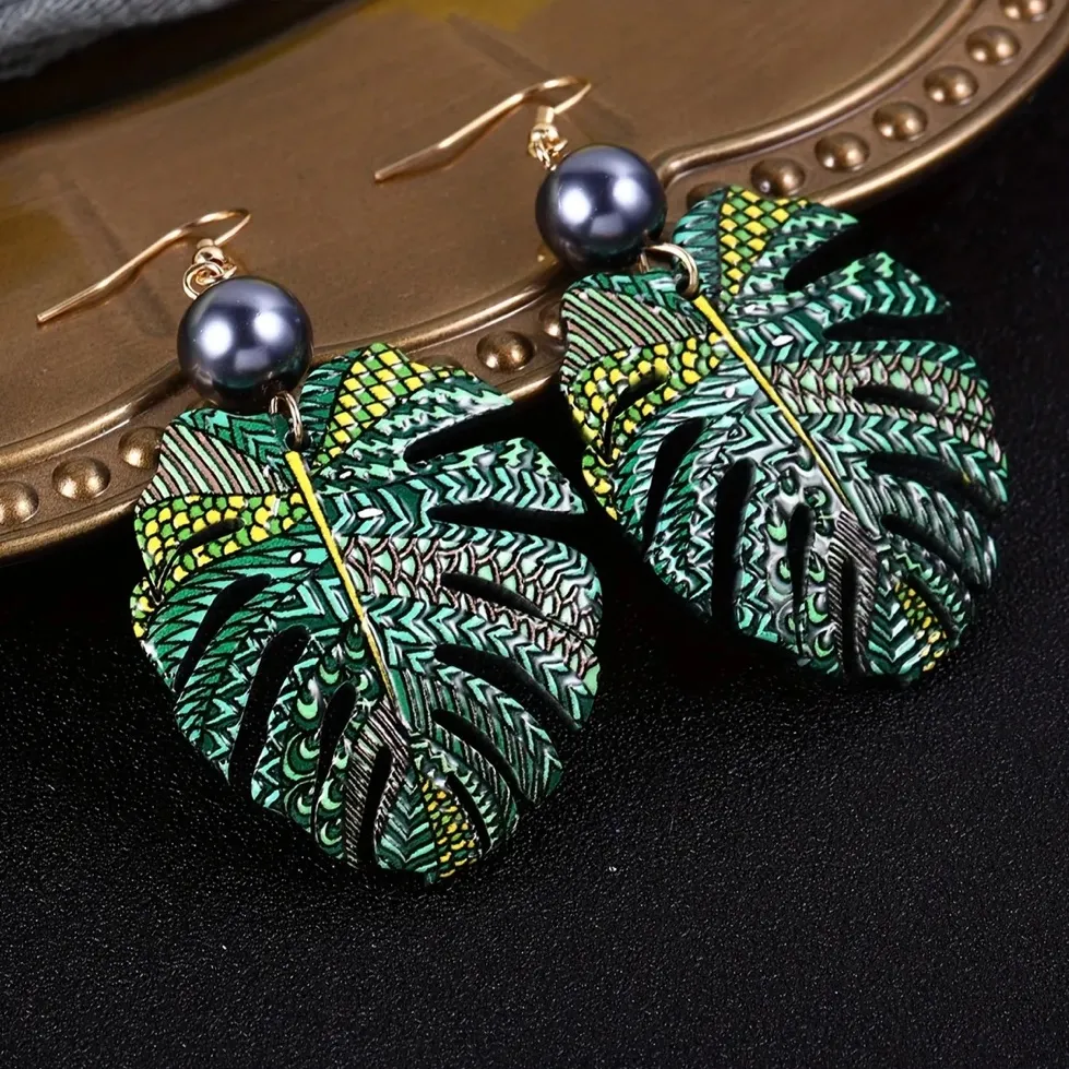 Geo pattern Palm Monstera Green Leaf Gray Pearl Drop Earrings NEW - Image 3