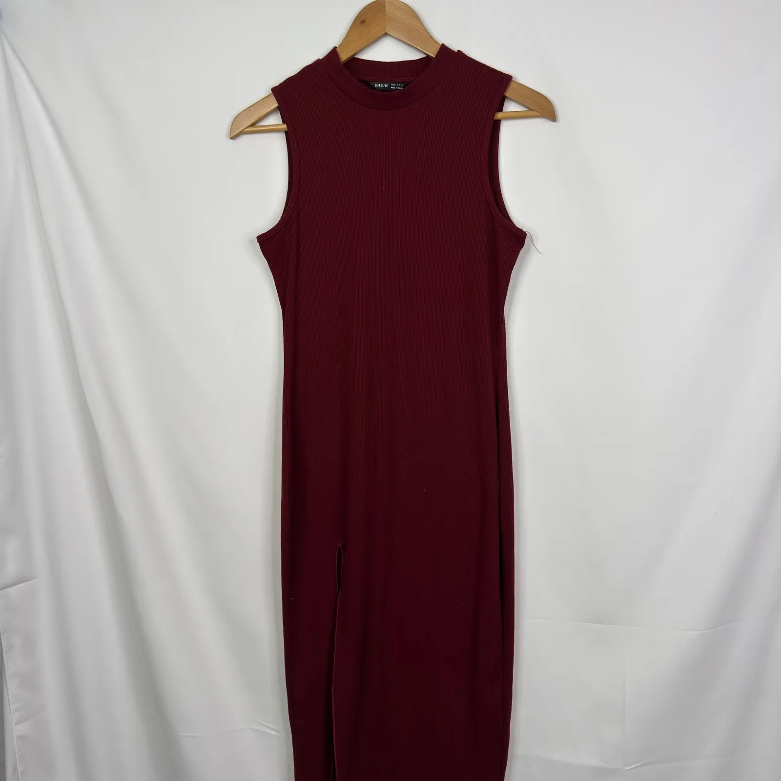 SHEIN Ribbed Mock Neck Sleeveless Midi Dress Burgundy Side Slit Size M - Image 6