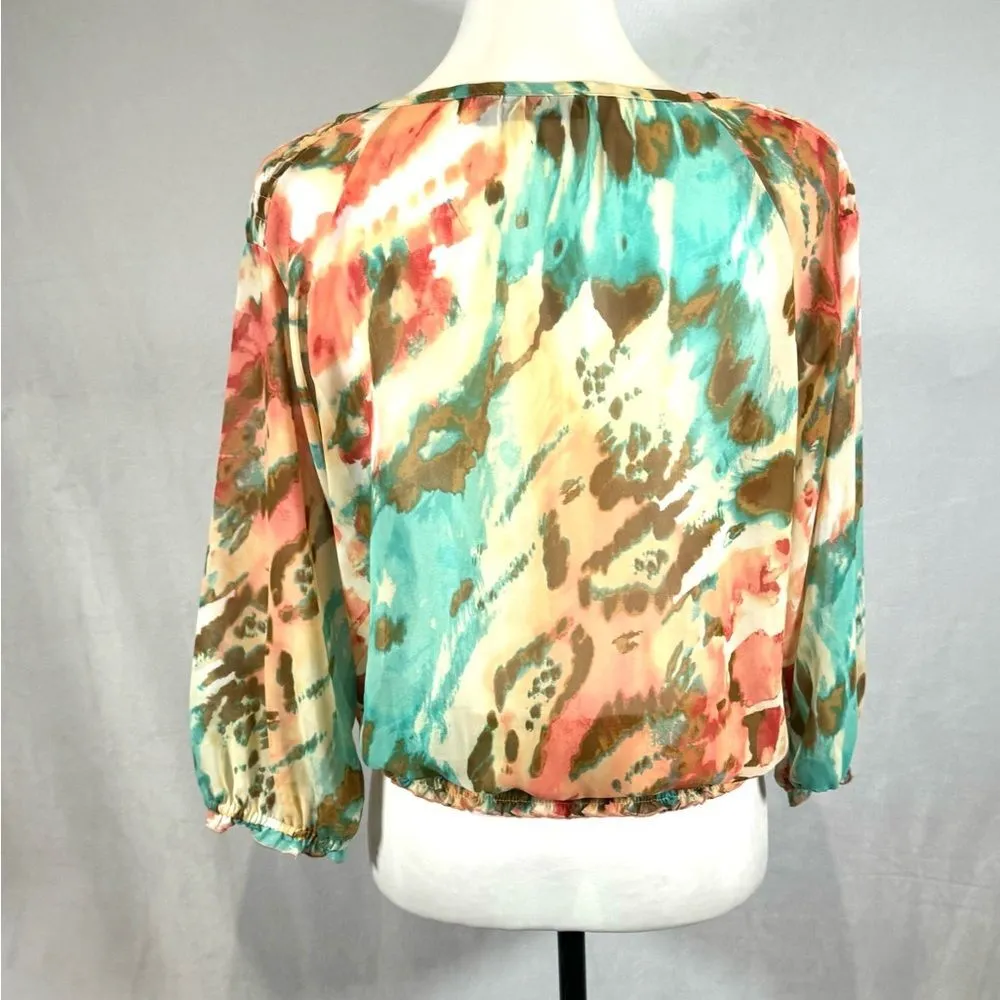 Colorful watercolor abstract print smocked top size small petite - Image 4