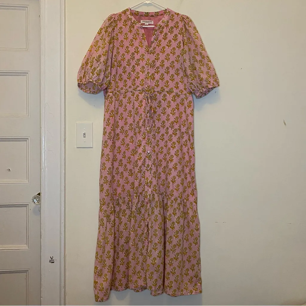 EMERSON FRY India Collection Lucy Maxi Dress Little Marigolds Pink/Orange Large Pink - Image 4