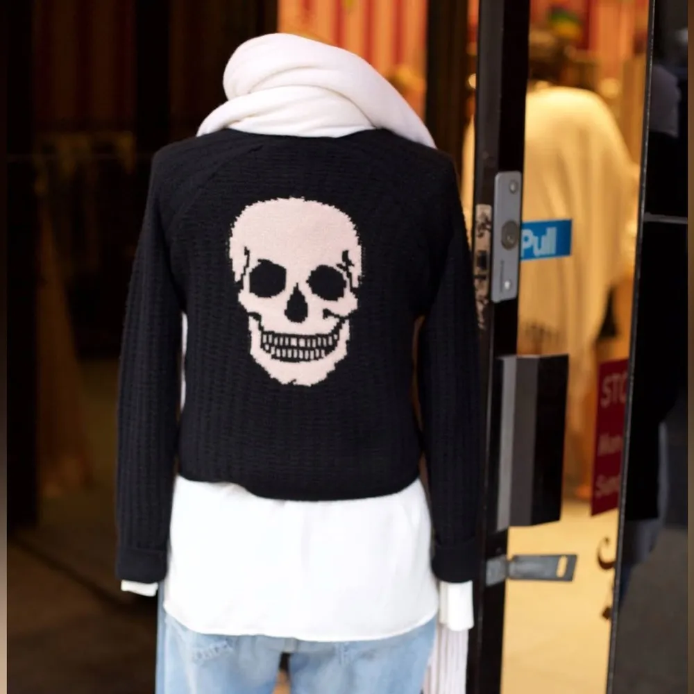 Skull Cashmere Cropped 100% Cashmere Textured Ribbed Sweater Intarsia Skull - Image 3