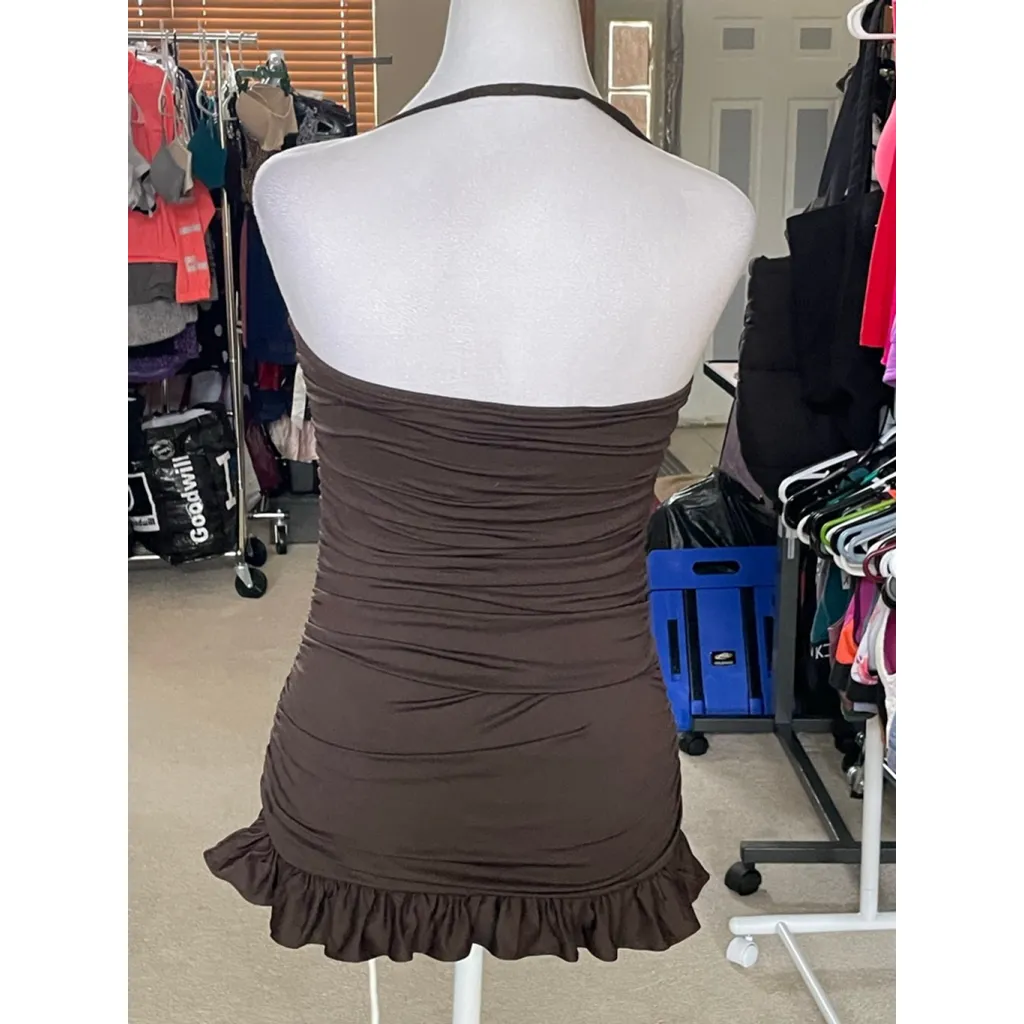 Women's Juicy Couture Brown Ruched Ruffle One Piece Swimsuit M - Image 3