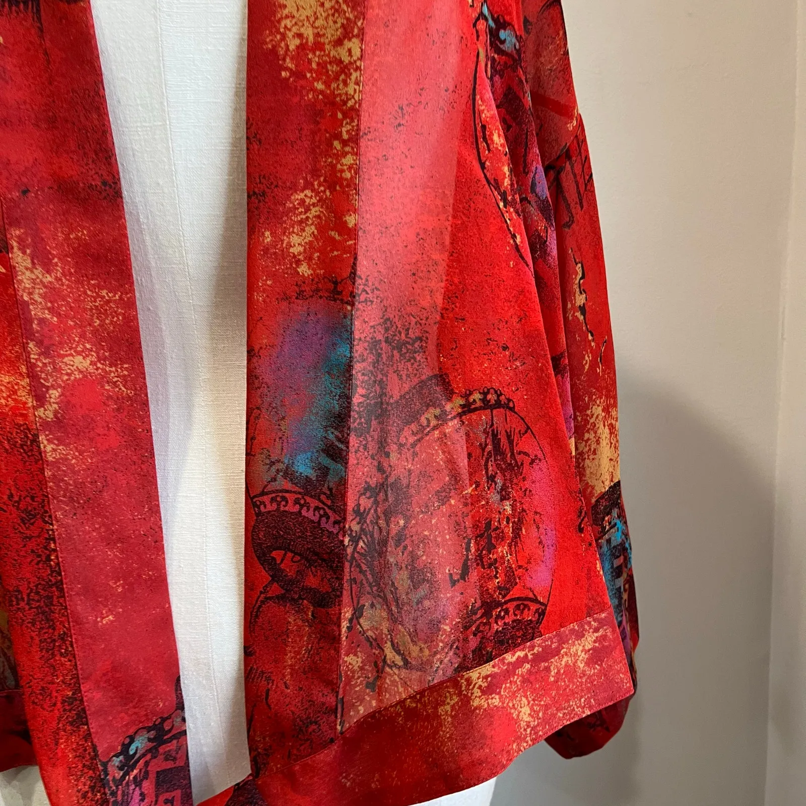 Chico’s 100% Silk Front Tie Kimono Jacket Size 2 L/12 NWT Boho Art Print - Image 5