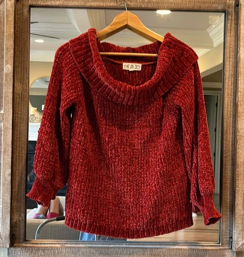 Cozy Rich Chenille Plush Cowl Neck Sweater Womens Medium Rust - Image 5