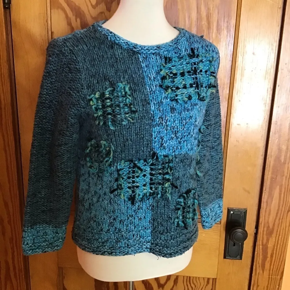 Vintage Sigrid Olsen Blue Patchwork Knit Sweater Artsy Textured Pullover - Image 11