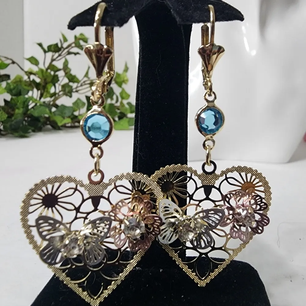 Gold Filled Heart with Butterfly Flower Dangle Earrings - Image 3