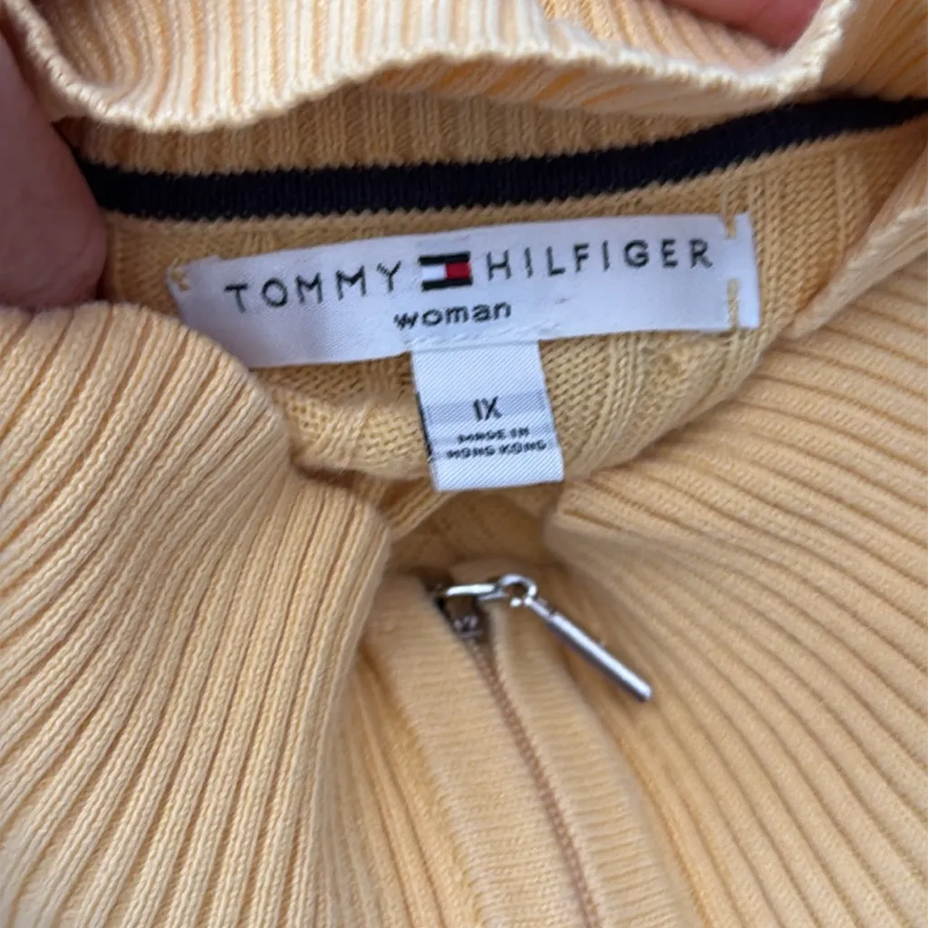 Vintage 80s/90s Tommy Hilfiger Yellow Cotton Cable Knit Zip Up Cardigan Sweater - Image 4