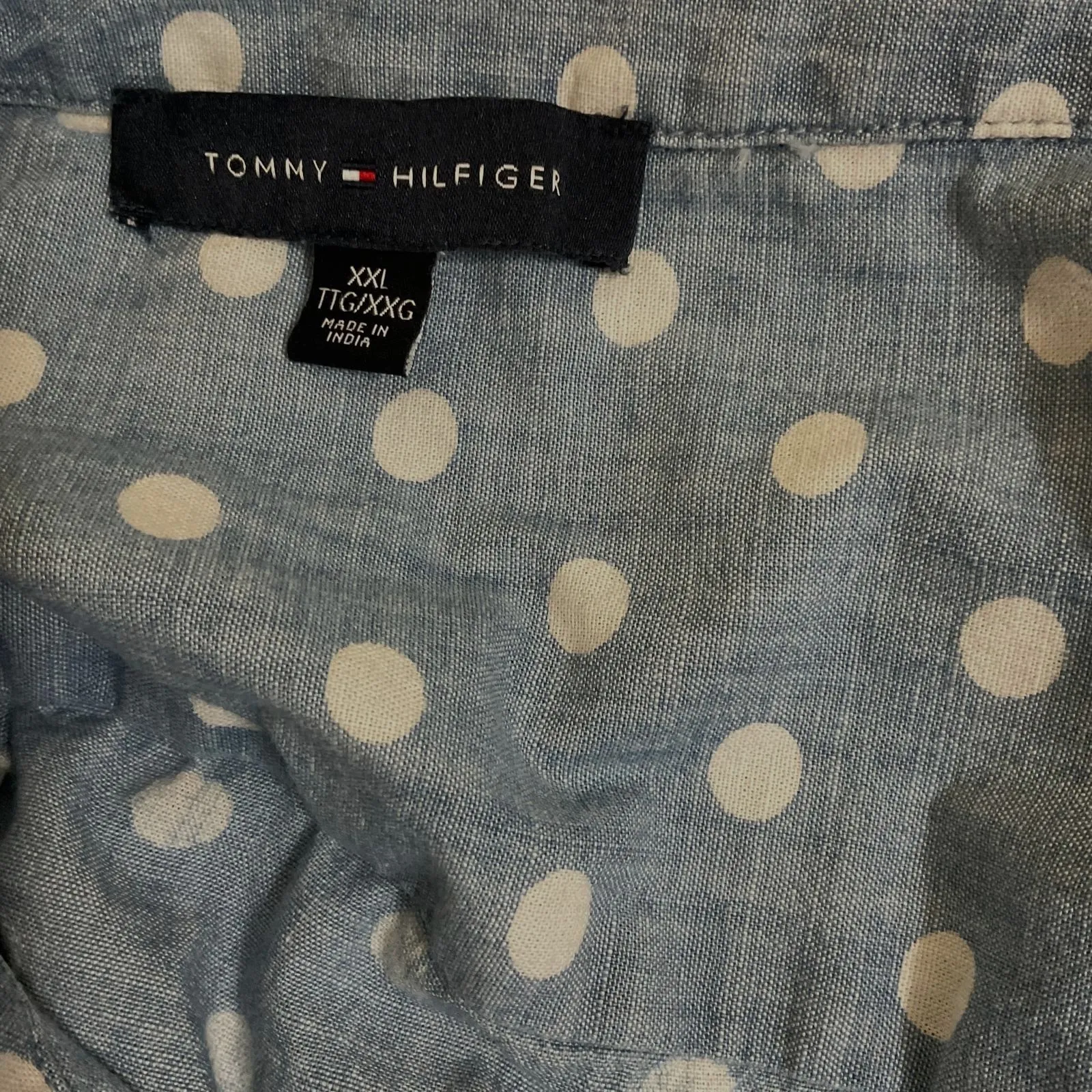 Tommy Hilfiger roll tab sleeve‎ Cotton blue+white polka dots women's shirt XXL - Image 9