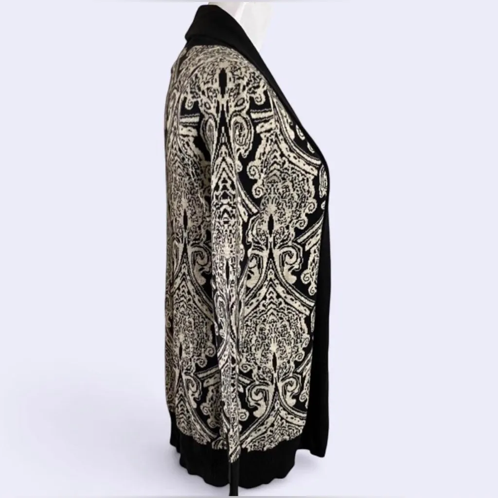 Maurices Women's Top Cardigan Open Knit Paisley Black Trim Size S Long Sleeve - Image 4