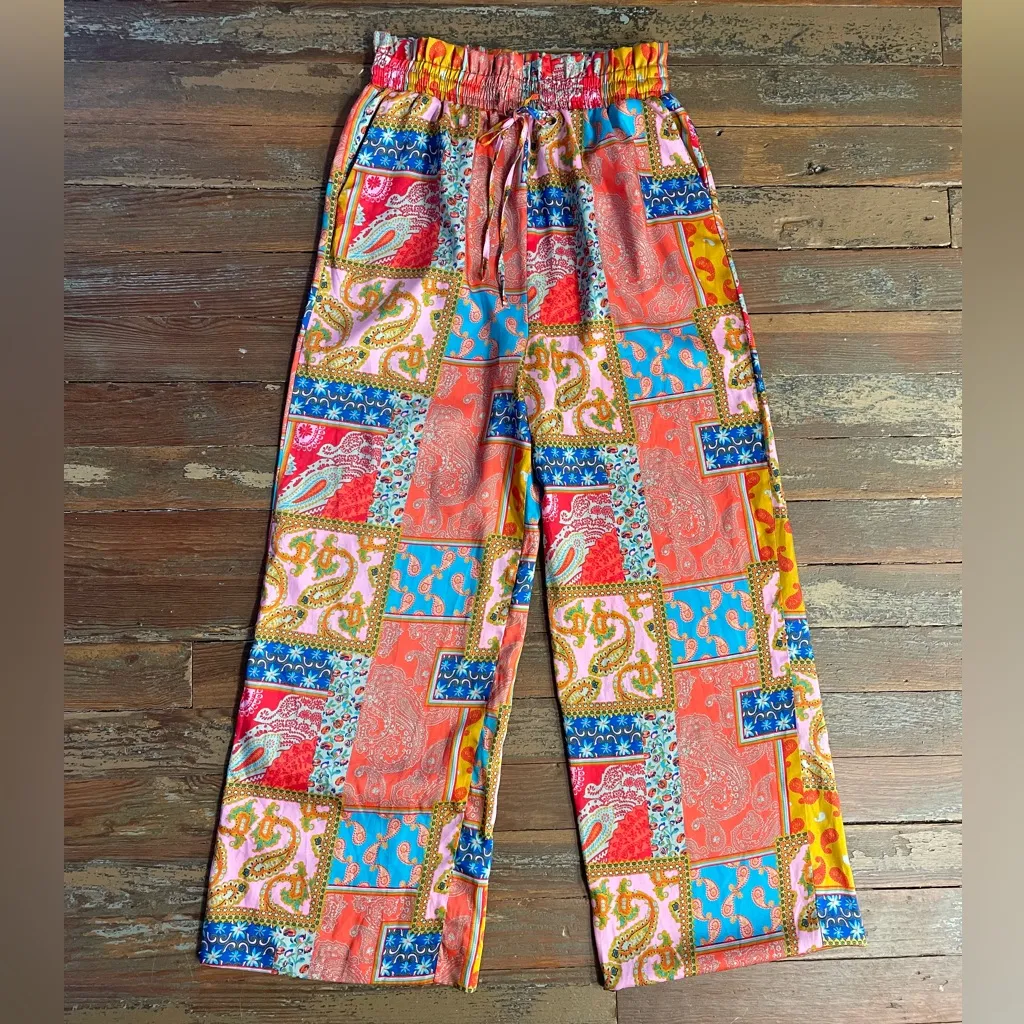 Free People Intimately Patch Things Up Satin Wide Leg Pull On Pants Sz M 🧡🎀 - Image 12