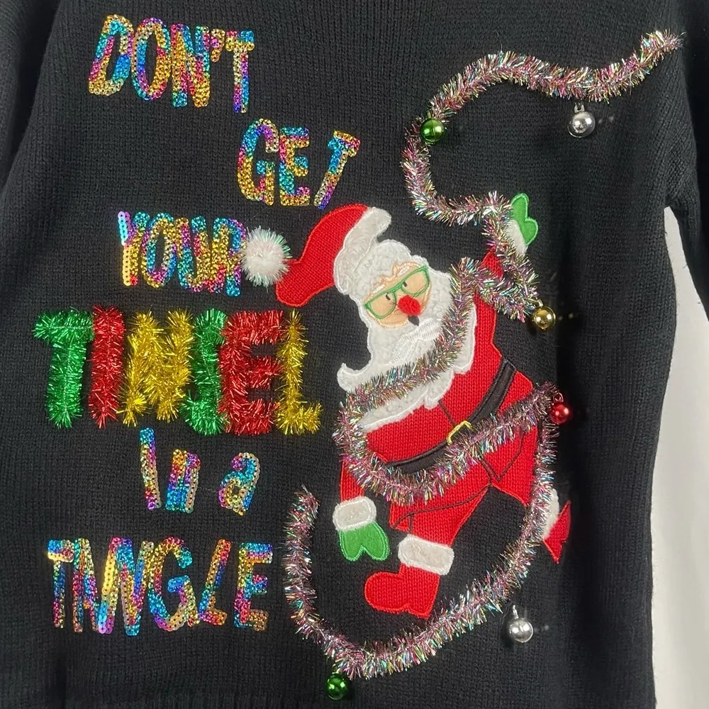 33 Degrees Size Medium Funny Santa Ugly Christmas Sweater Embroidered Sequin Black - Image 6