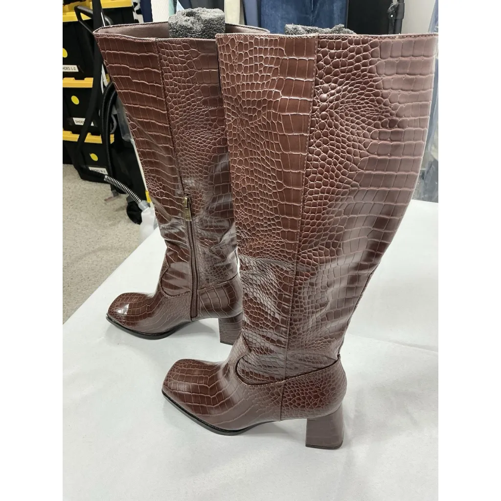 Womans Suedi Knee High Boots Brown Croc Faux Leather 8 Block Heel 1/2 Zip NWOT - Image 2