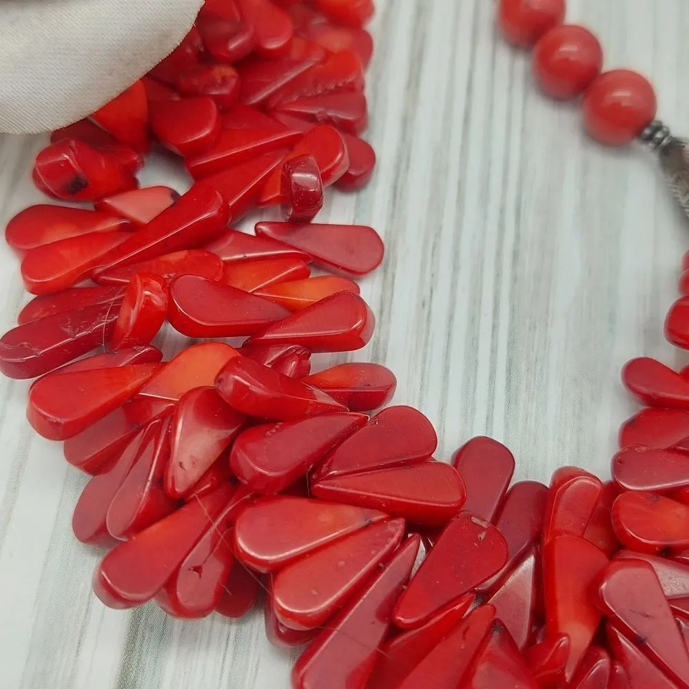 Beautiful Artisan Faux Polished Coral Collar Necklace Double Strand Teardrop 16" - Image 7