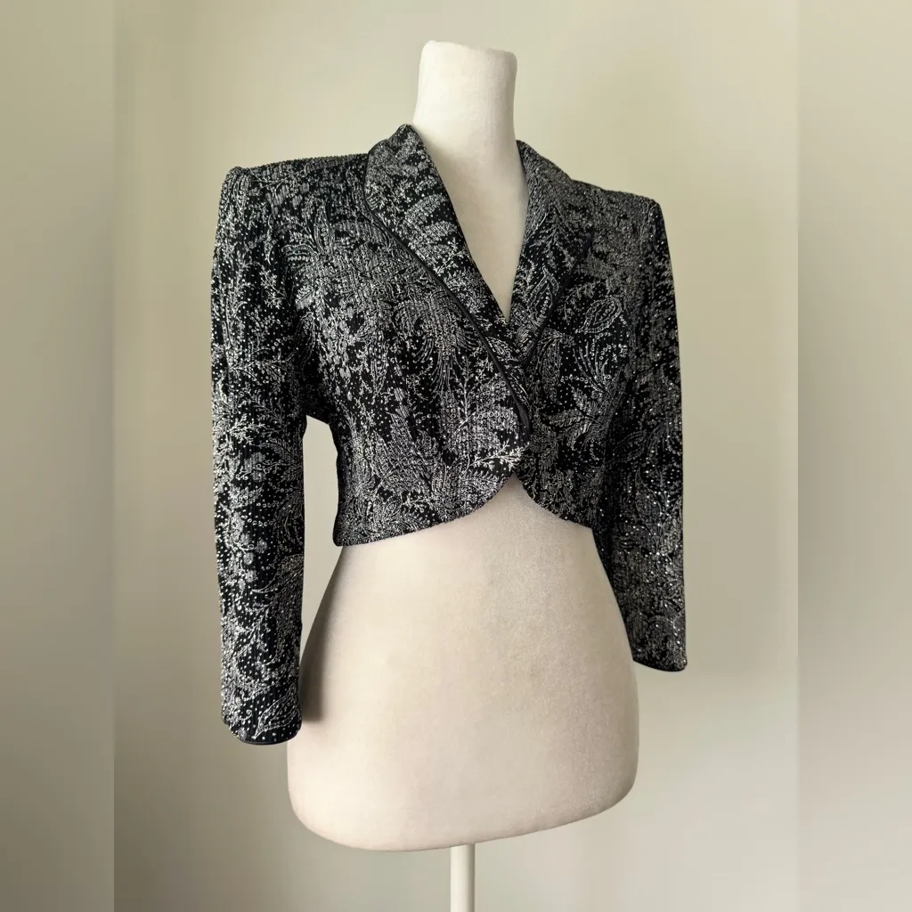 Vintage ‘90s Alex Evenings Black & Silver Sparkle Cropped Evening Jacket - Image 3