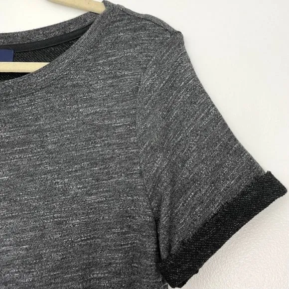 New  French Terry T-Shirt Dress Cuffed Short Sleeve Marled Knit Mini Black - Image 6