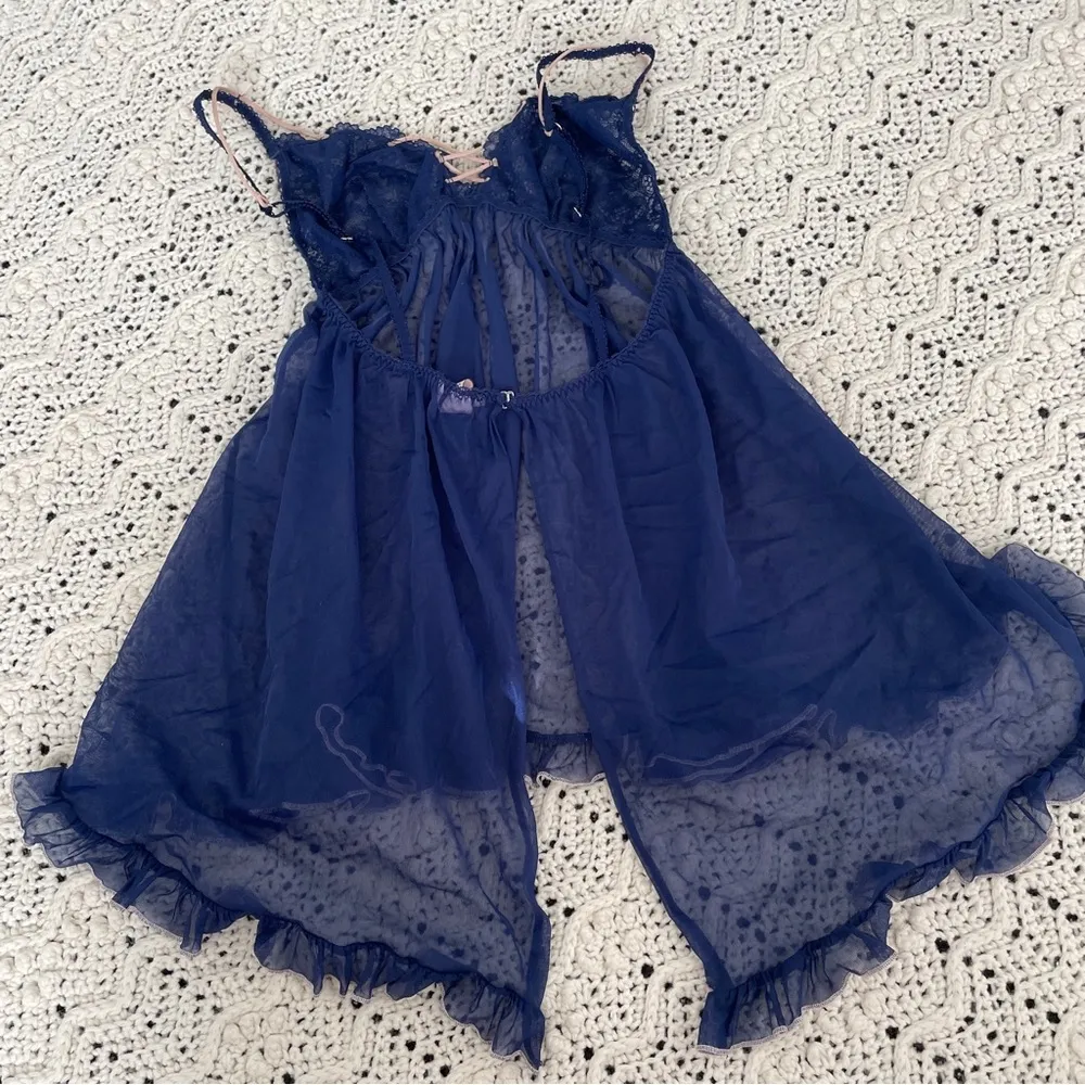 Victorias Secret Lace Sheer Mesh Babydoll Lingerie Top Navy Blue (Medium) - Image 2