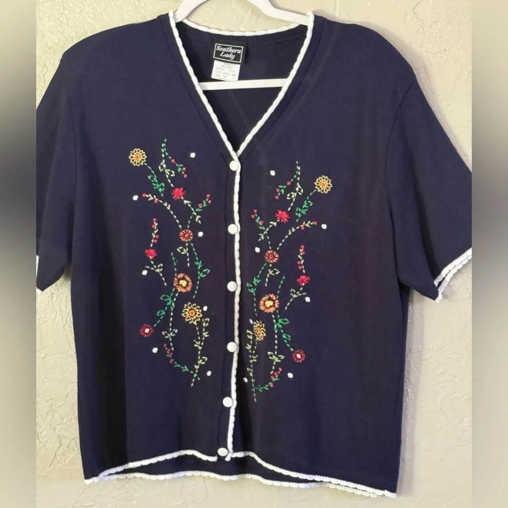 Vintage Southern Lady Cardigan XL Blue Fairygoth Embroidered Short Sleeve - Image 2
