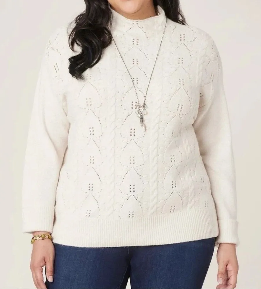 Democracy Cream Funnel Neck Sweater Popcorn Stitch Petite Large Grandmacore Cozy - Image 1