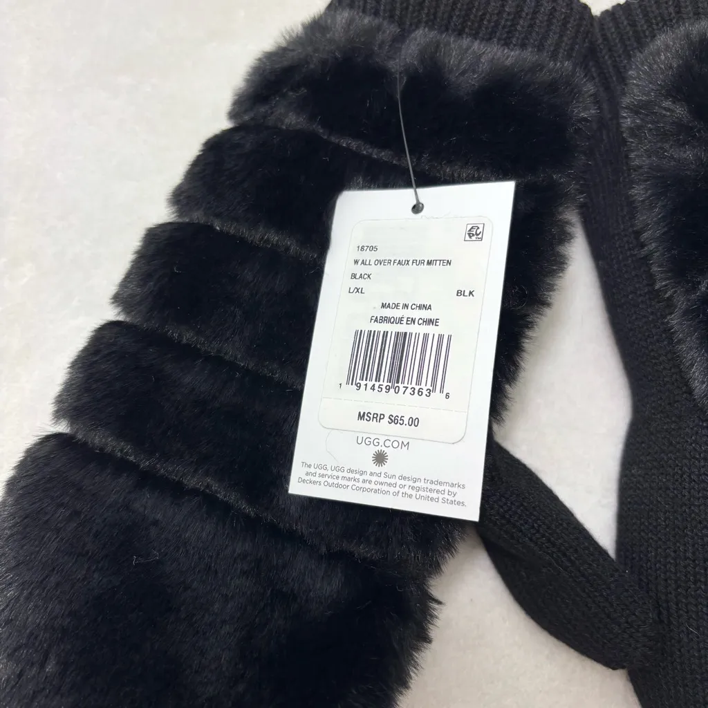 UGG Luxe BLACK FAUX FUR FUZZY WOOL BLEND MITTENS WITH SHERPA LINING size L/XL - Image 2