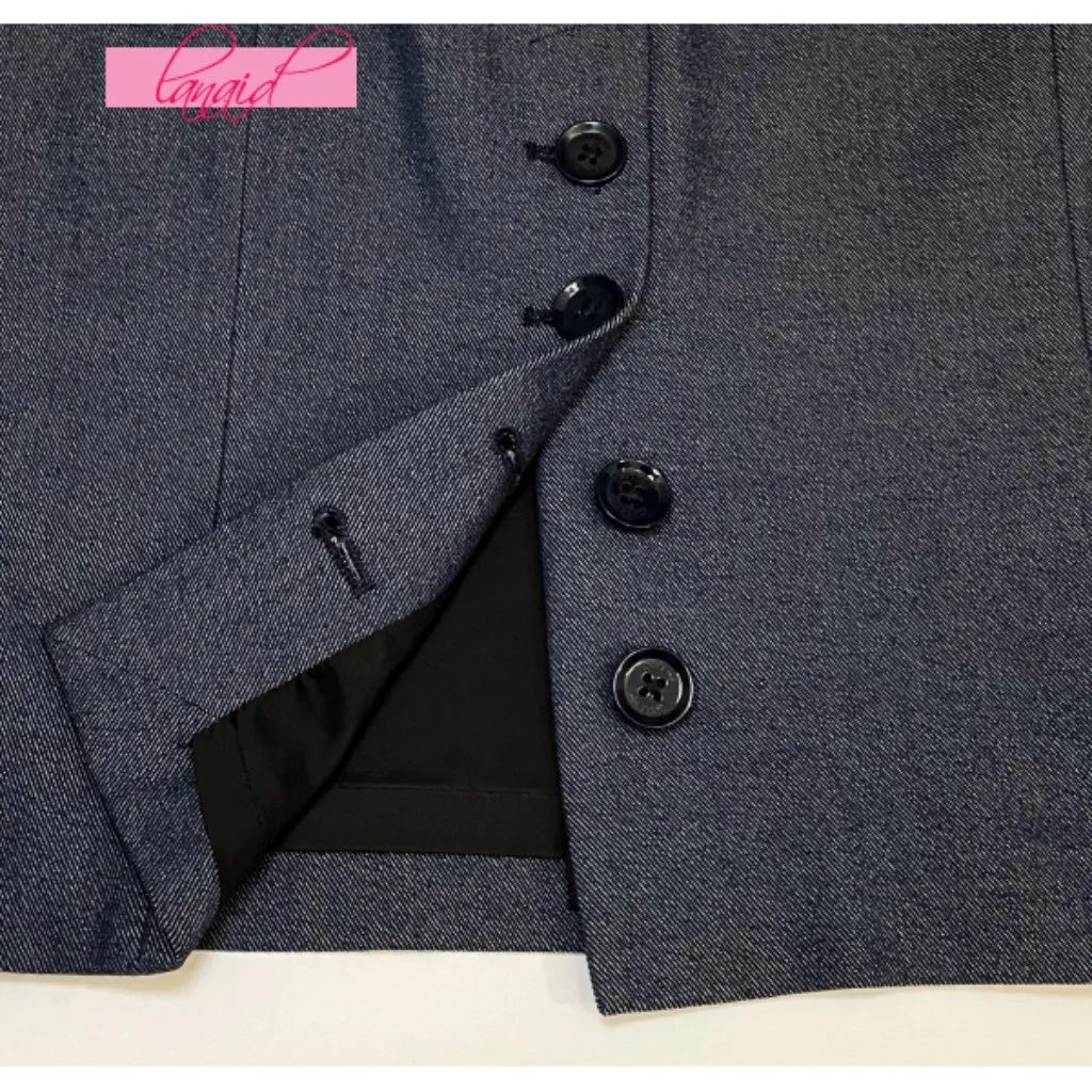 Express Blue Button-Up Back Slit Denim Jean-Like Seamed Pencil Skirt Career 0 - Image 3