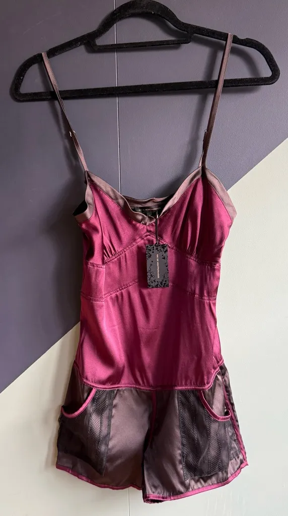 NWT Kiki de Montparnasse Silk Charmeuse Muse Romper, Size XS, Bordeaux Purple - Image 1