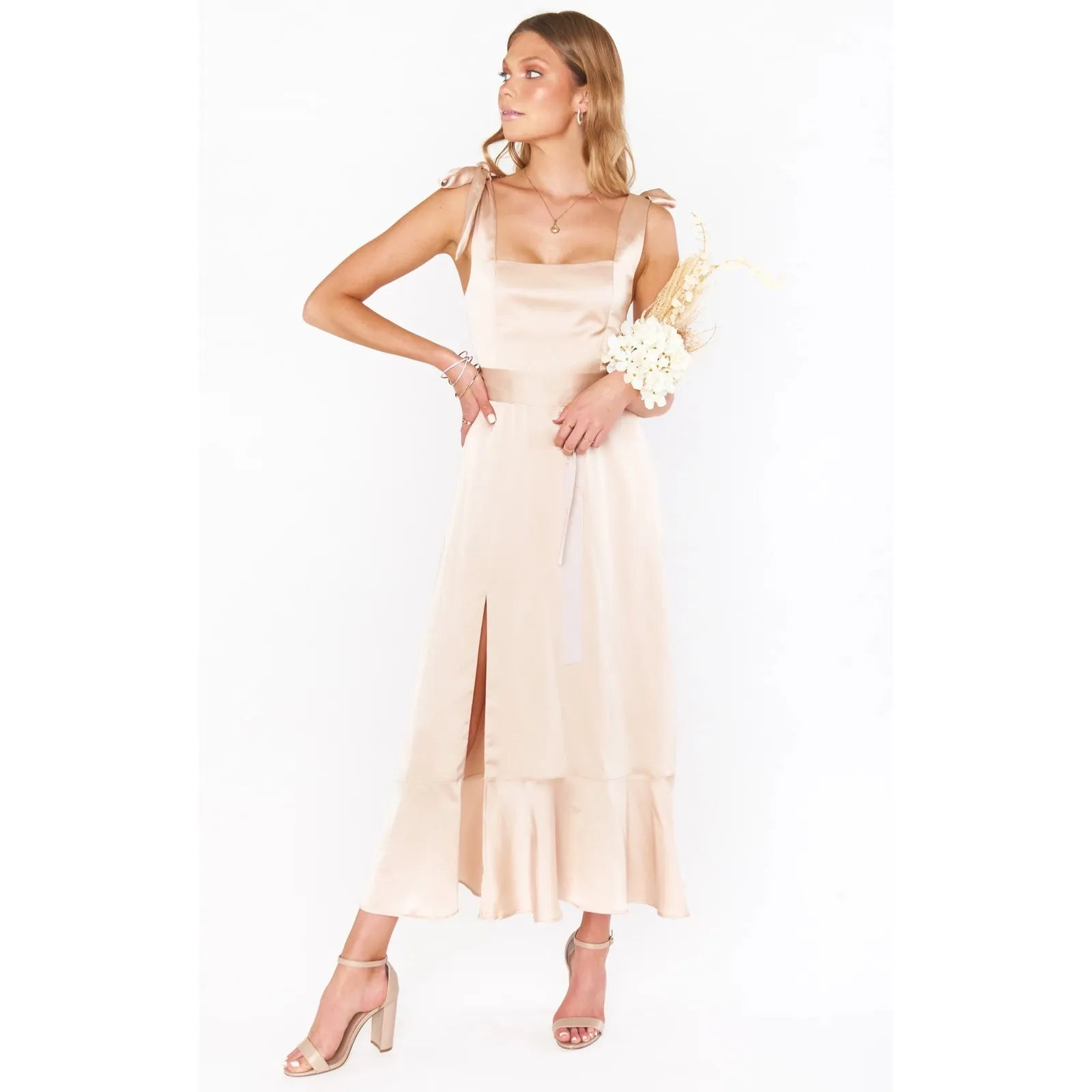 Show Me Your Mumu Claire Midi Dress Champagne Luxe Satin XXL - Image 11