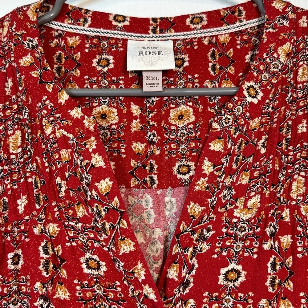 Knox Rose V-Neck Red Orange Floral Button Pleated Blouse Size XXL EUC #0584-OC - Image 5