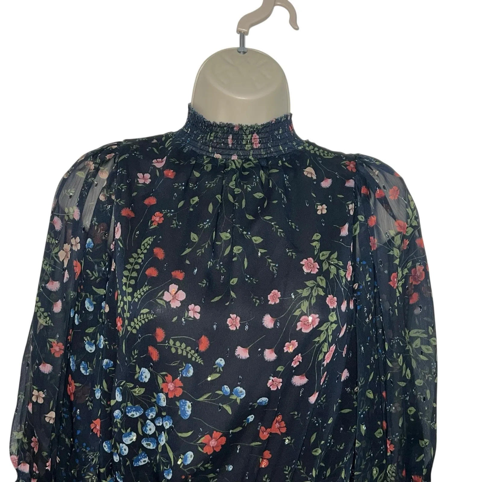 Joie Shima Floral High Neck Smocked Dress Midnight Navy‎ Blue Floral Size Small - Image 4