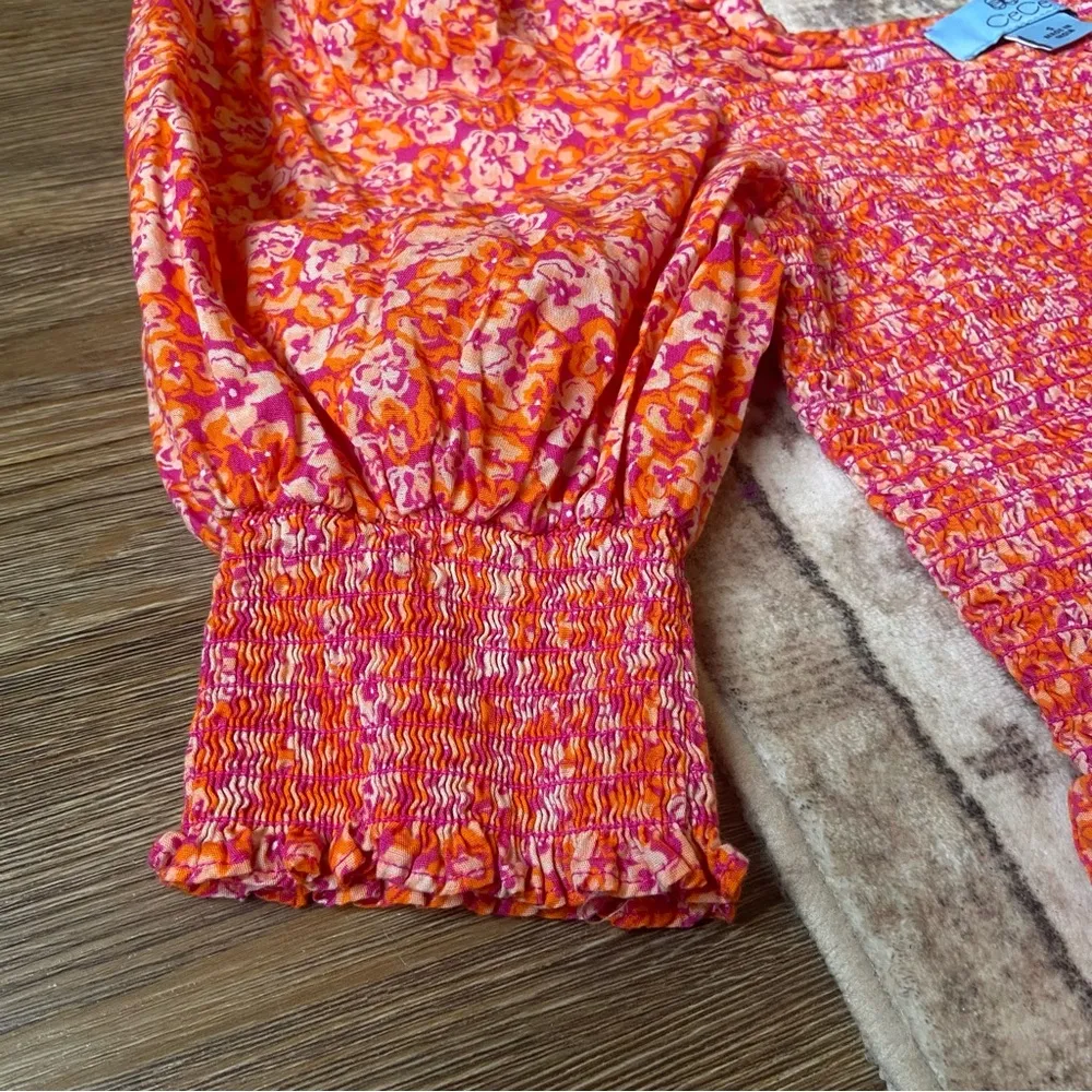 Cece Vibrant Orange Pink Floral Blouse Smocked Peplum Puff Sleeve Small - Image 2
