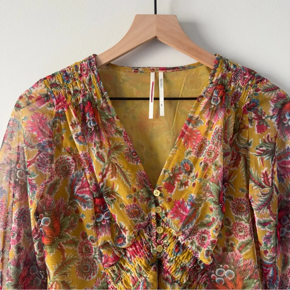 Anthropologie Chiffon Button Up Front 3/4 sleeve top floral stretch layered XS - Image 3
