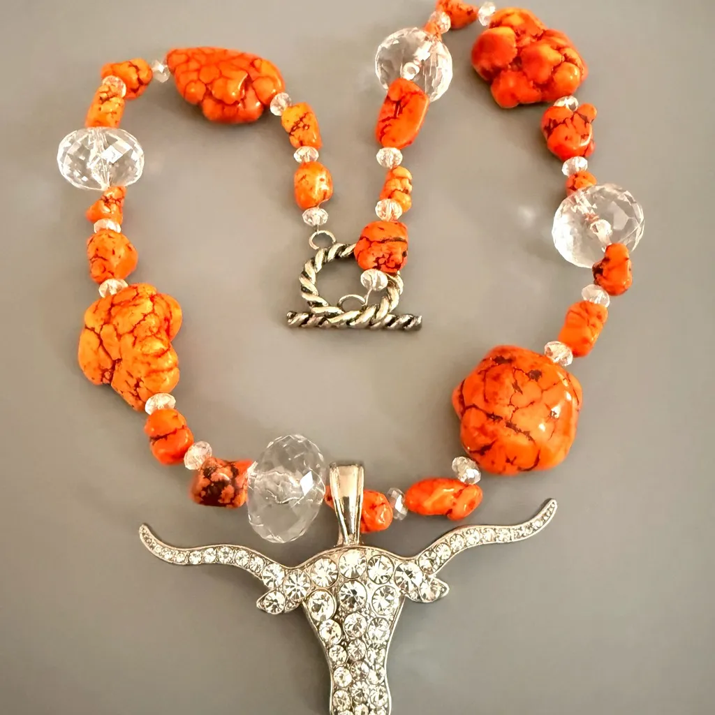 Cowgirl Orange Turquoise Statement Necklace with Longhorn Rhinestone Pendant - Image 3