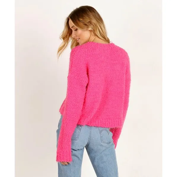 Show Me Your MuMu Cropped Varsity Sweater Dazzling Pink Knubby Knit Crew Neck - Image 3
