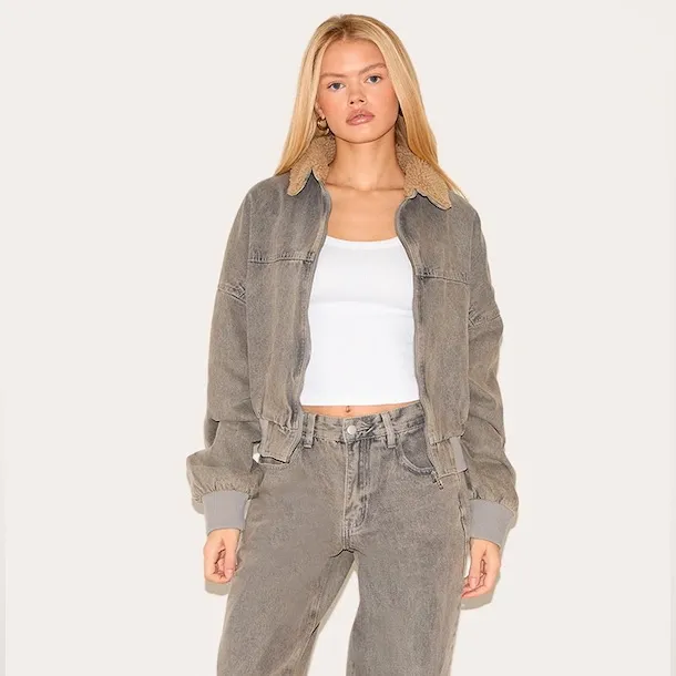 PLT LIGHT GREY SHERPA COLLAR DENIM BOMBER JACKET - Image 3