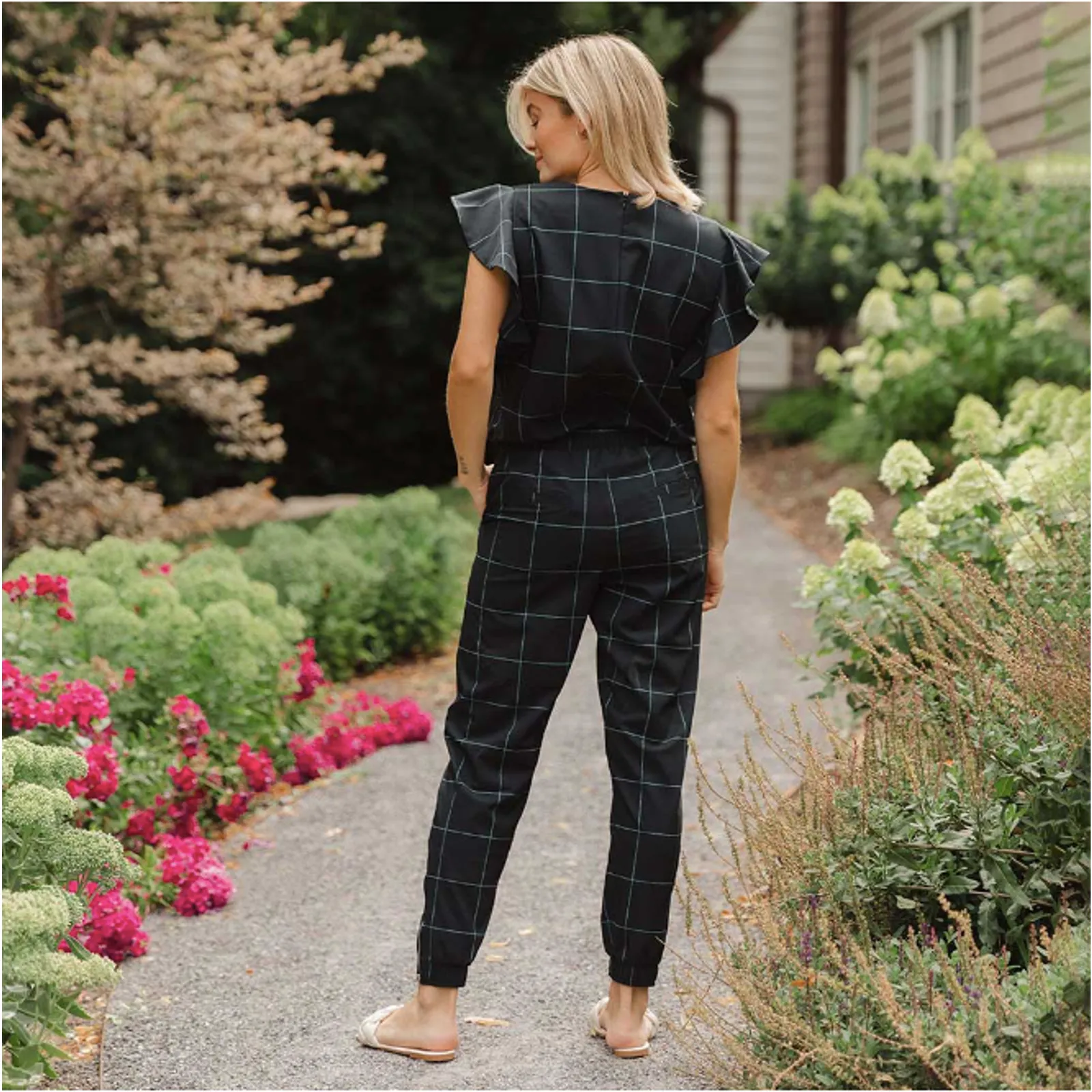 Albion Fit 9 To 9 Ruffle Short Sleeve Jumpsuit Black White Windowpane XS - Image 5