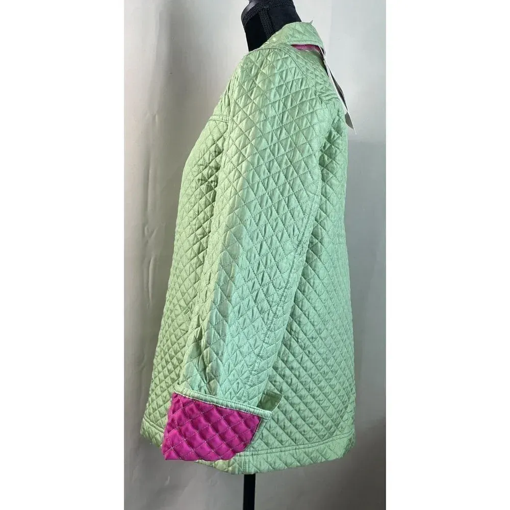 Quacker Factory Small Green Pink Quilted 100% Silk Jacket‎ Coat Full Zip NEW - Image 4
