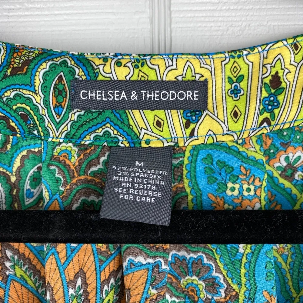 Chelsea & Theodore Patterned Multicolor Blue Green Blouse Top 3/4 Puff Sleeve Size M - Image 5