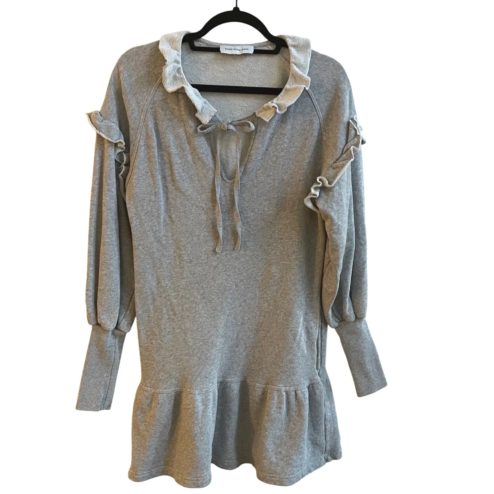Something Navy Gray Ruffle Collar Tie Neck Sweatshirt Dress Puff Sleeve Small - Image 3