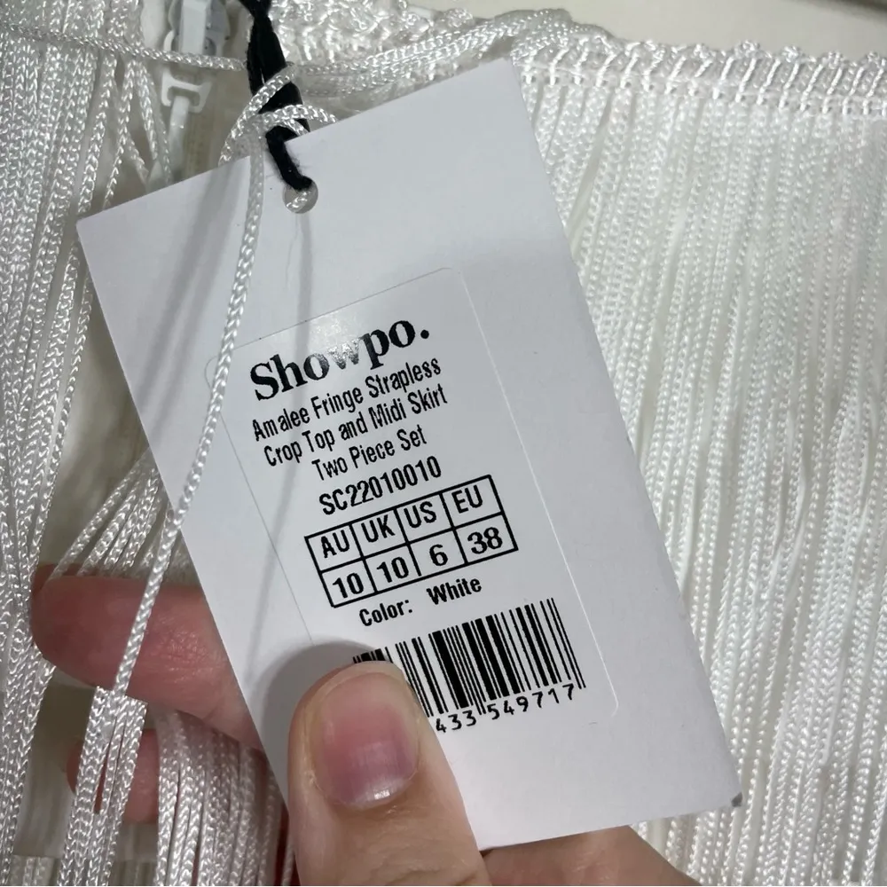 NWT Showpo Amalee Fringe Strapless Crop Top and Midi Skirt Set White Size 6 - Image 14