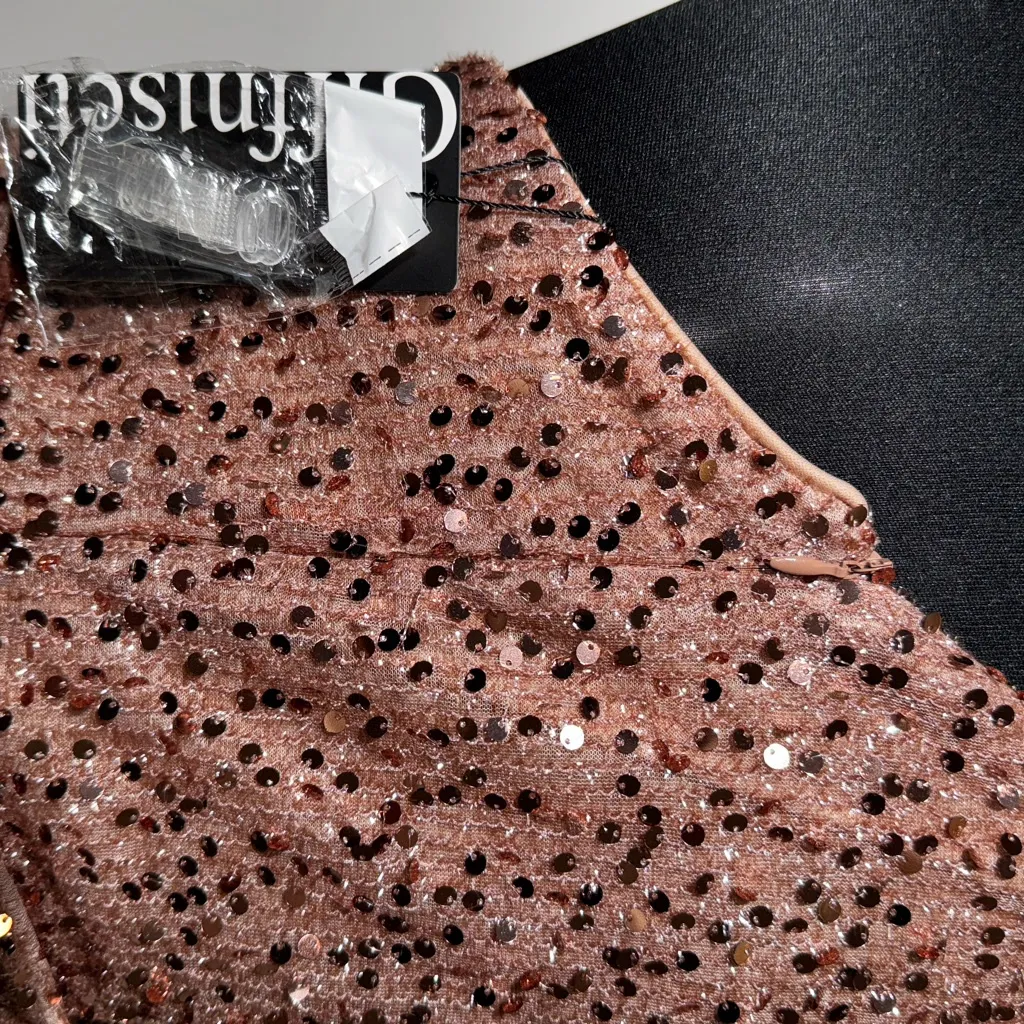 Rose Gold Sequin One Shoulder Formal Gown w/ Slit size Large Brown - Image 9