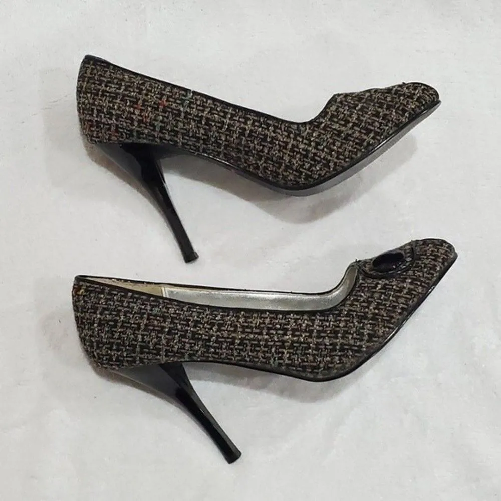 Anne Michelle Black Multicolor Tweed Open Toe Pumps Size 8 - Image 9