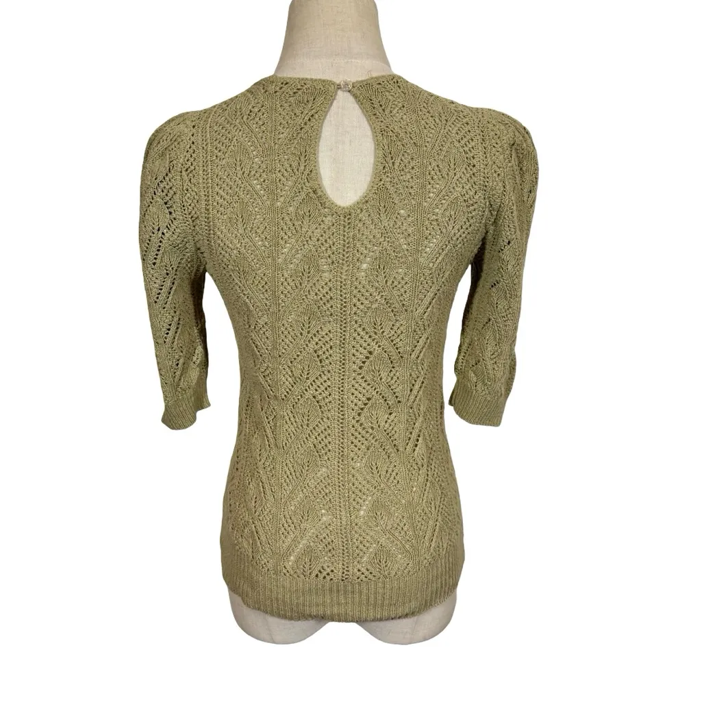 Vintage Pointelle Open Knit Puff Sleeve Sweater Top French Style Cottagecore Green Size XS - Image 6